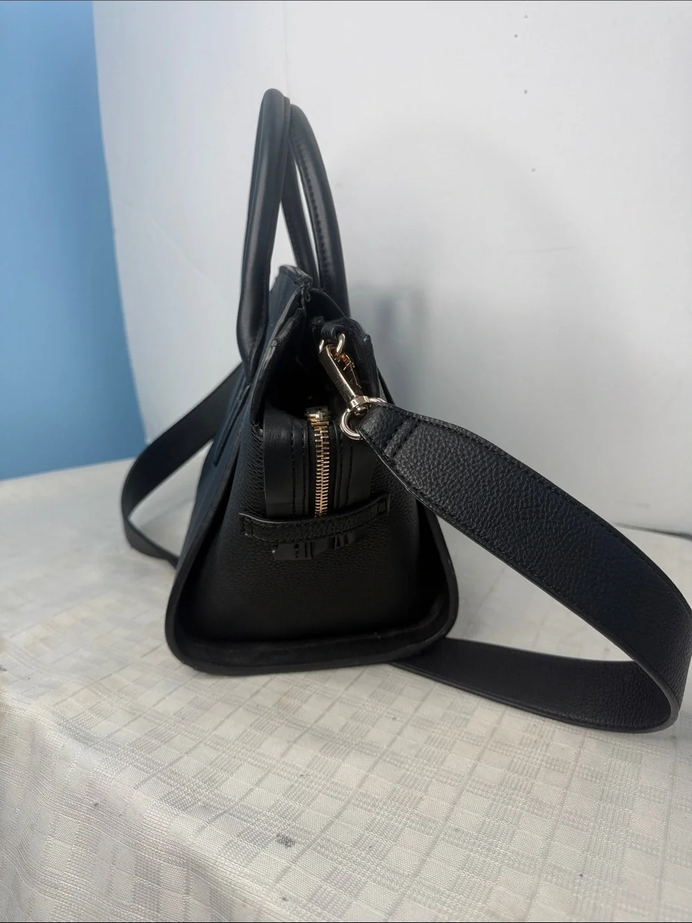 Black Leather Top-Handle Satchel with Detachable Strap